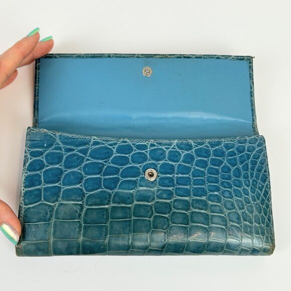 Lambertson Truex Crocodile Leather Exotic Turquoise Blue Foldover Wallet Design - Picture 8 of 16